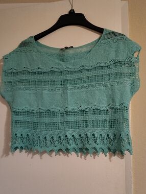Lace Knit Crochet Crop Top - Mint Green